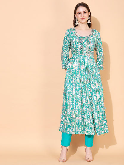 Ethnic Printed & Embroidered A-Line Kurta – Sea Green