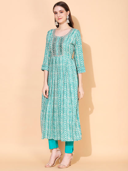 Ethnic Printed & Embroidered A-Line Kurta – Sea Green