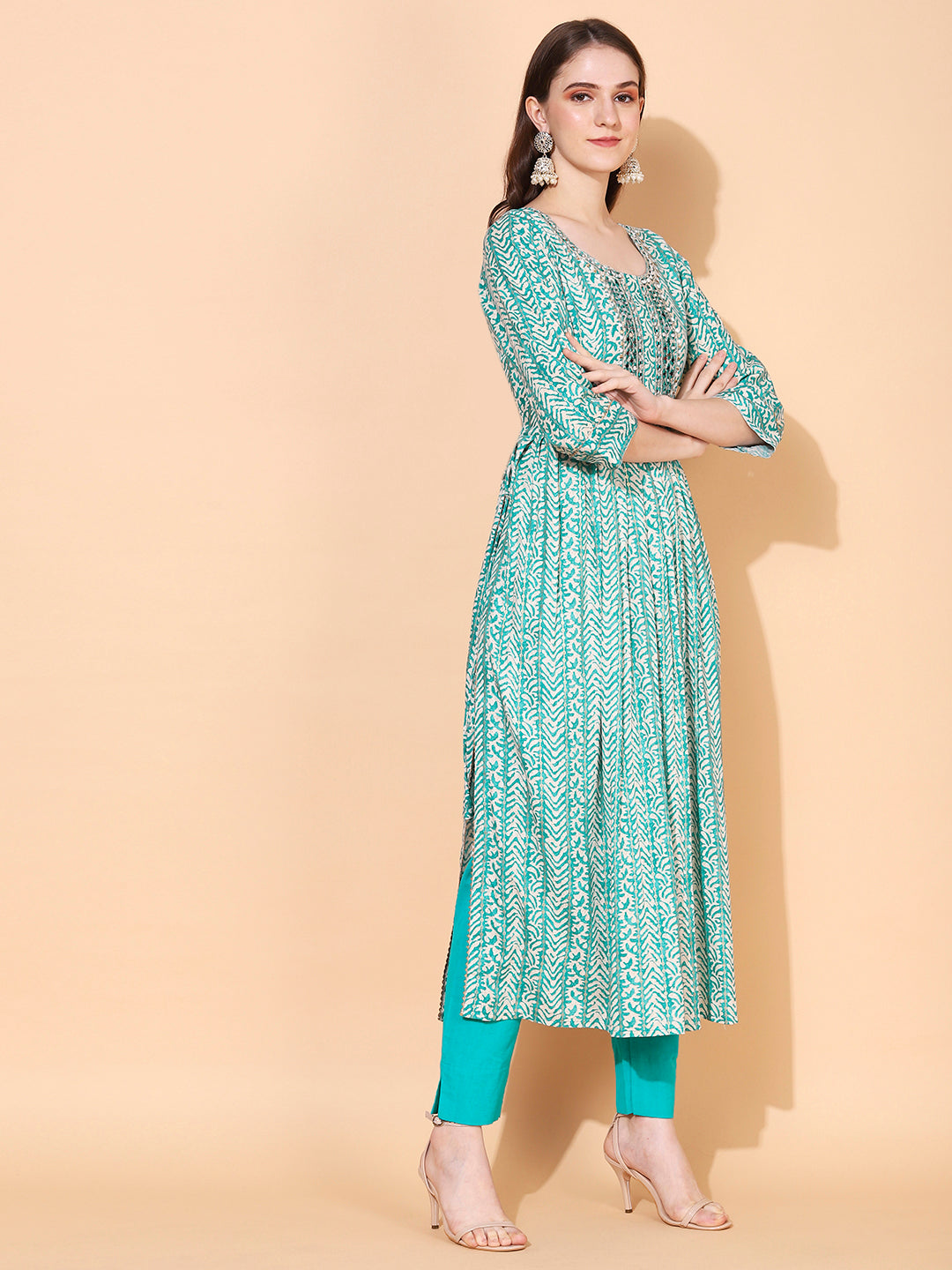 Ethnic Printed & Embroidered A-Line Kurta – Sea Green