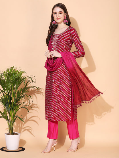 Leheriya Printed & Hand Embroidered Straight Fit Kurta & Dupatta - Magenta