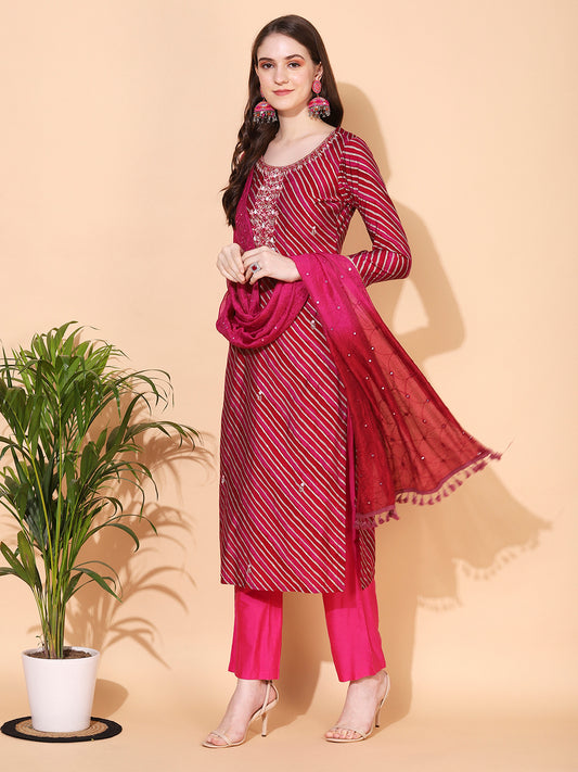 Leheriya Printed & Hand Embroidered Straight Fit Kurta & Dupatta - Magenta