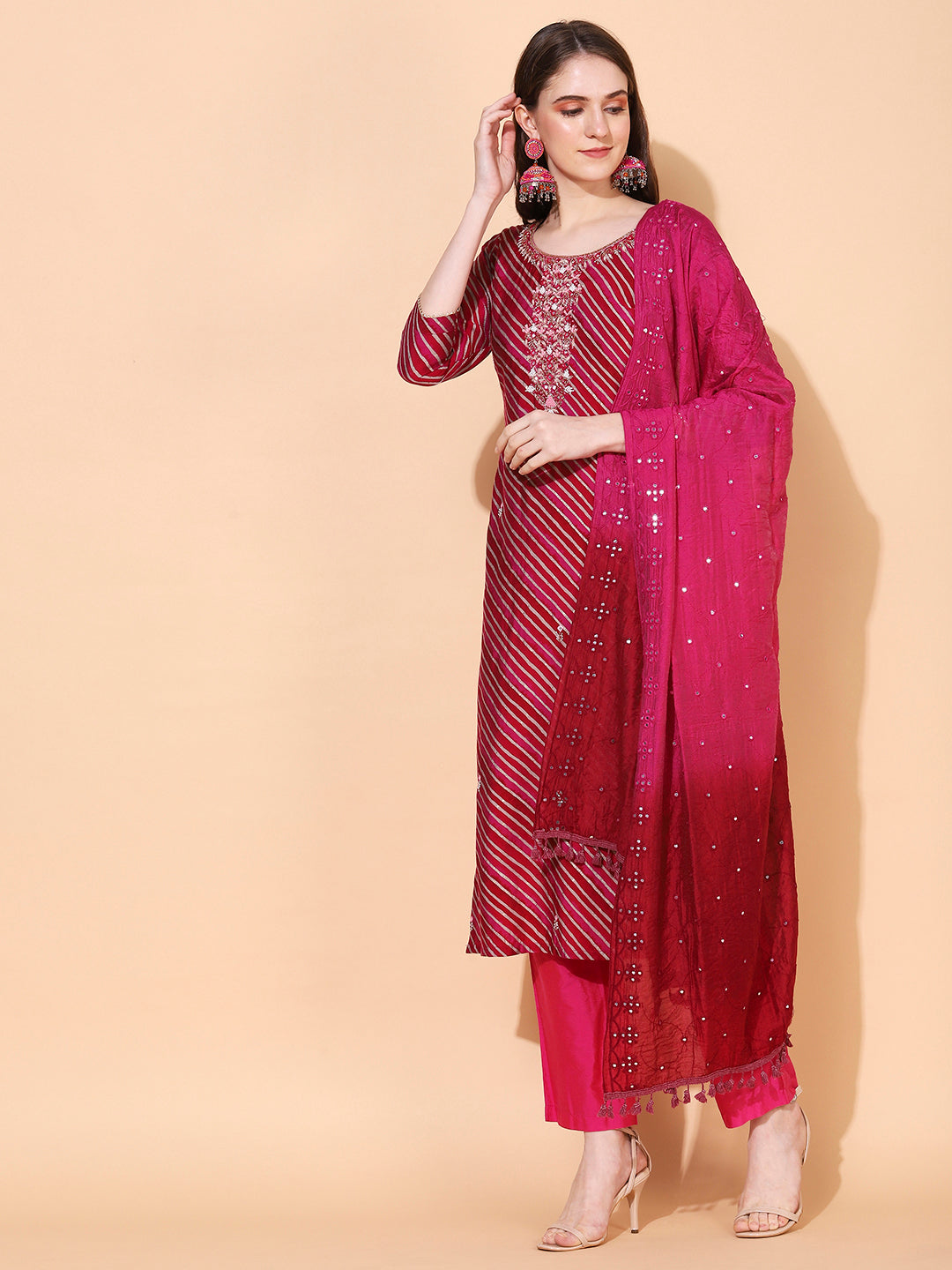 Leheriya Printed & Hand Embroidered Straight Fit Kurta & Dupatta - Magenta