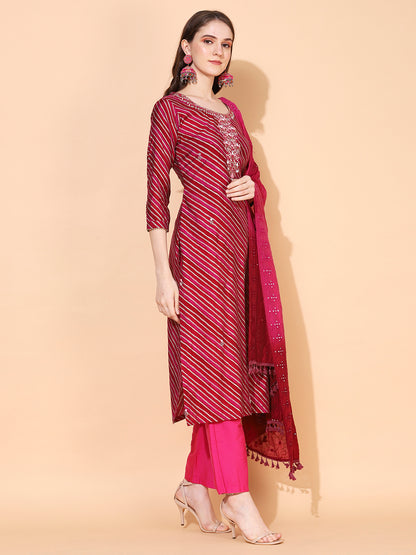 Leheriya Printed & Hand Embroidered Straight Fit Kurta & Dupatta - Magenta