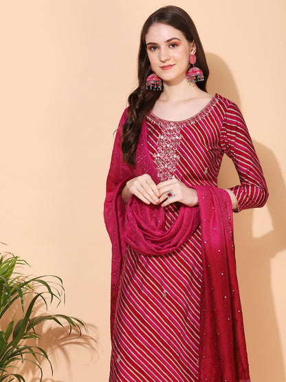 Leheriya Printed & Hand Embroidered Straight Fit Kurta & Dupatta - Magenta