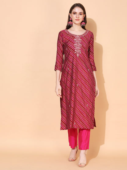 Leheriya Printed & Hand Embroidered Straight Fit Kurta & Dupatta - Magenta