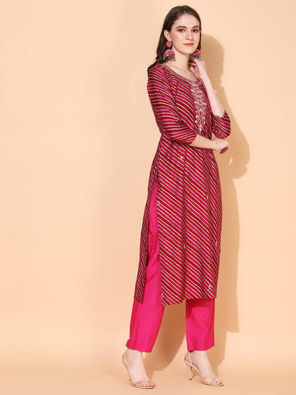 Leheriya Printed & Hand Embroidered Straight Fit Kurta & Dupatta - Magenta