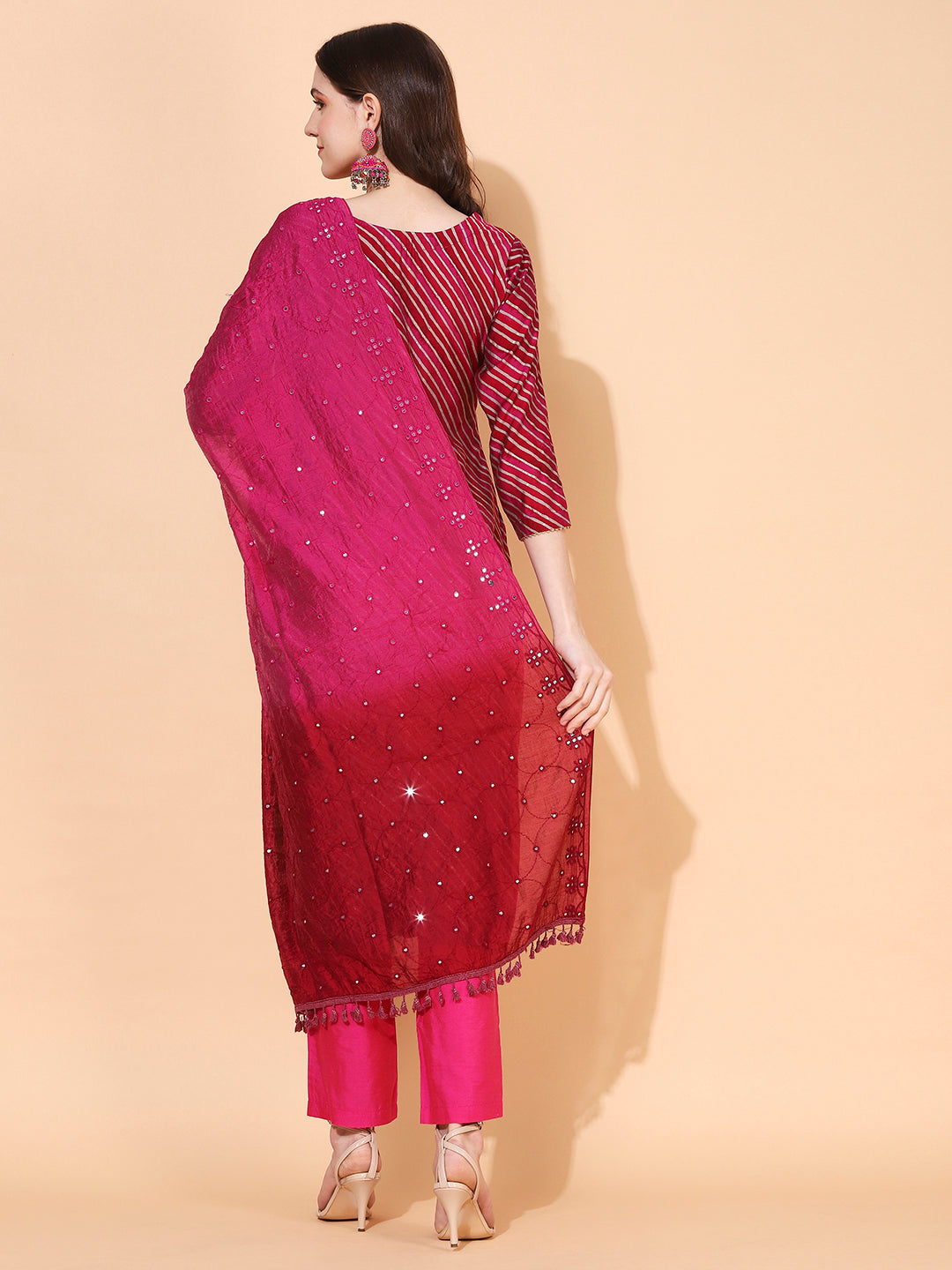 Leheriya Printed & Hand Embroidered Straight Fit Kurta & Dupatta - Magenta