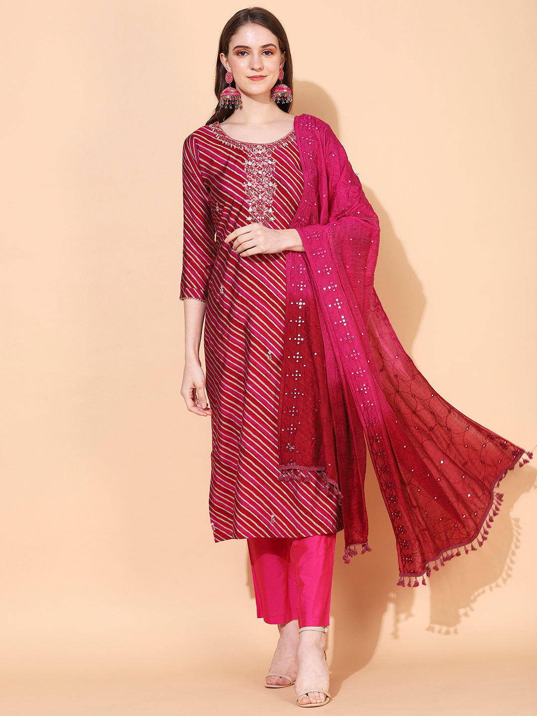 Leheriya Printed & Hand Embroidered Straight Fit Kurta & Dupatta - Magenta