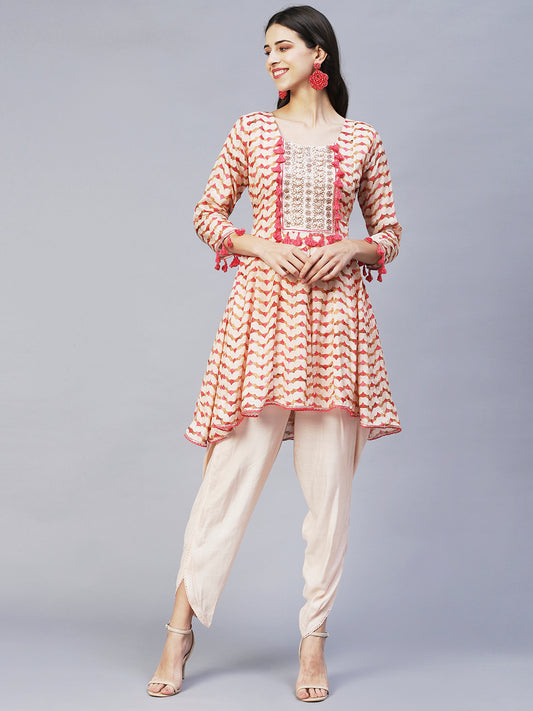 Ethnic Printed & Embroidered Anarkali Kurta with Dhoti Pants - Multi