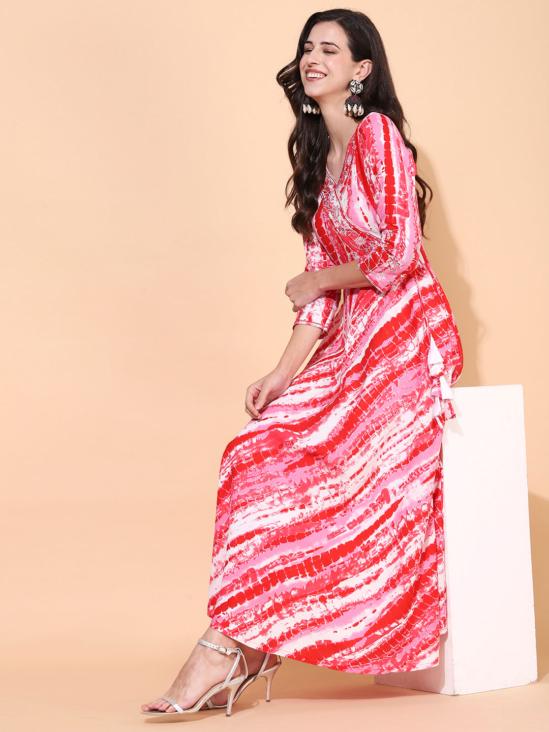 Tie-Dye Printed & Embroidered Flared Maxi Dress - Red