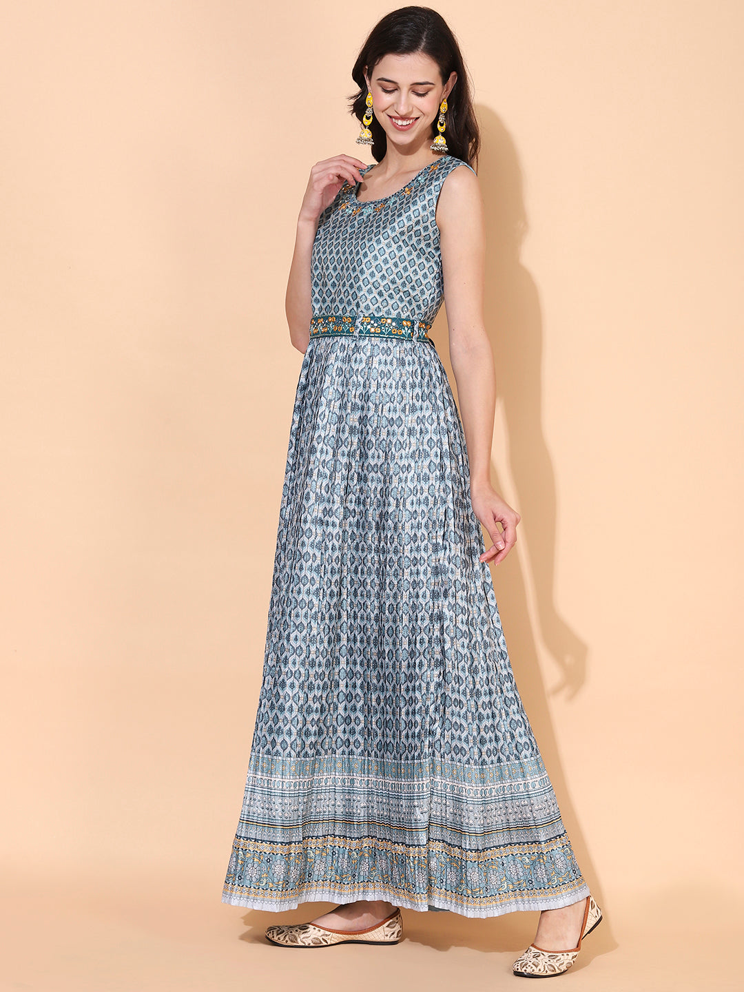 Ethnic Printed & Embroidered Flared Maxi Dress - Mint Green