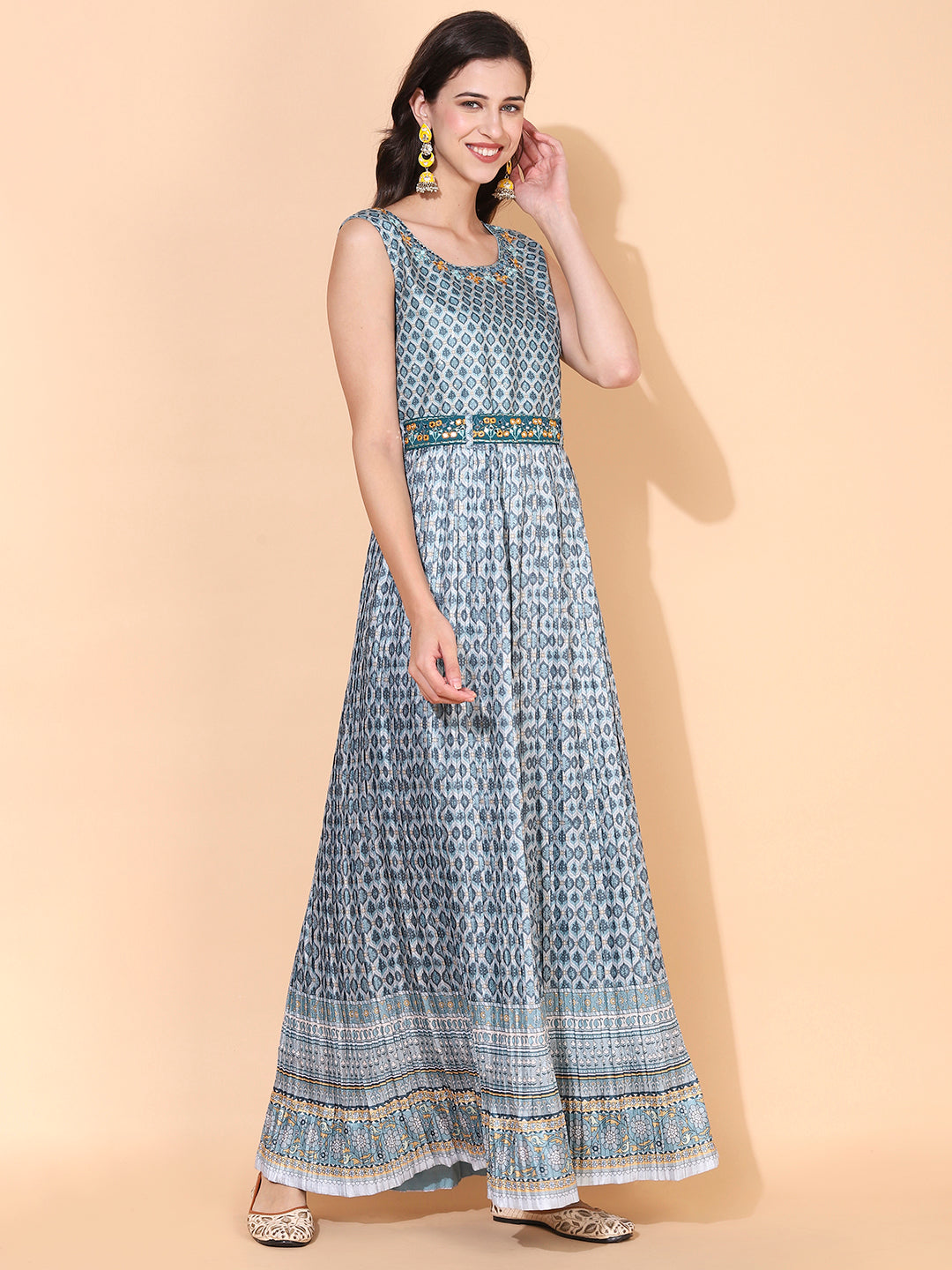 Ethnic Printed & Embroidered Flared Maxi Dress - Mint Green