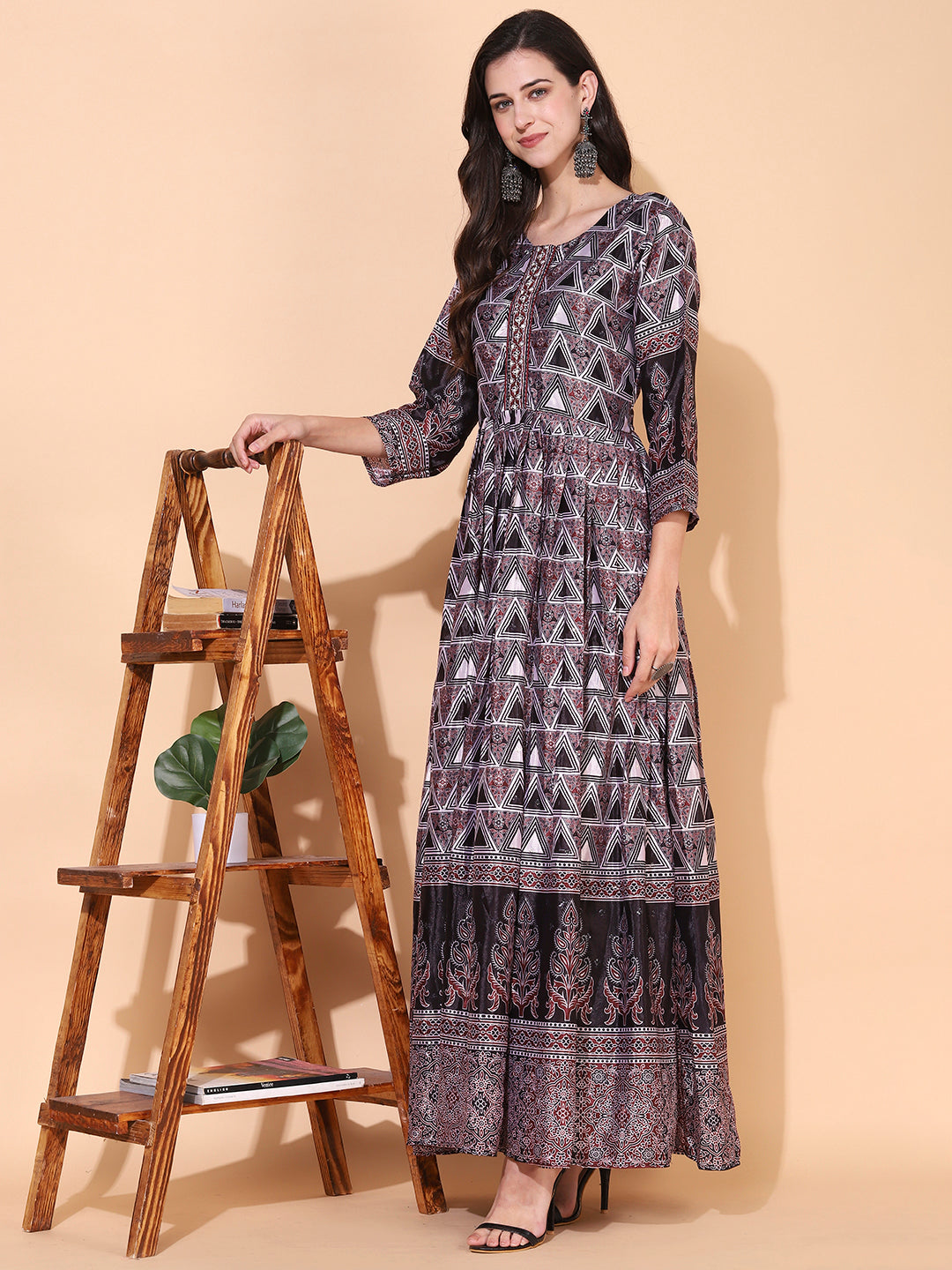 Ethnic Printed & Hand Embroidered Flared Maxi Dress - Multi