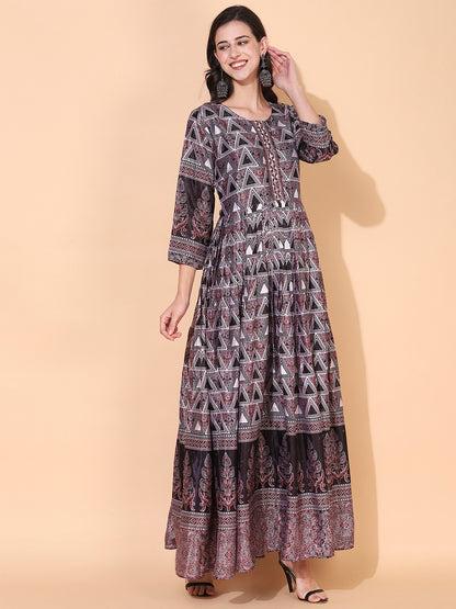 Ethnic Printed & Hand Embroidered Flared Maxi Dress - Multi