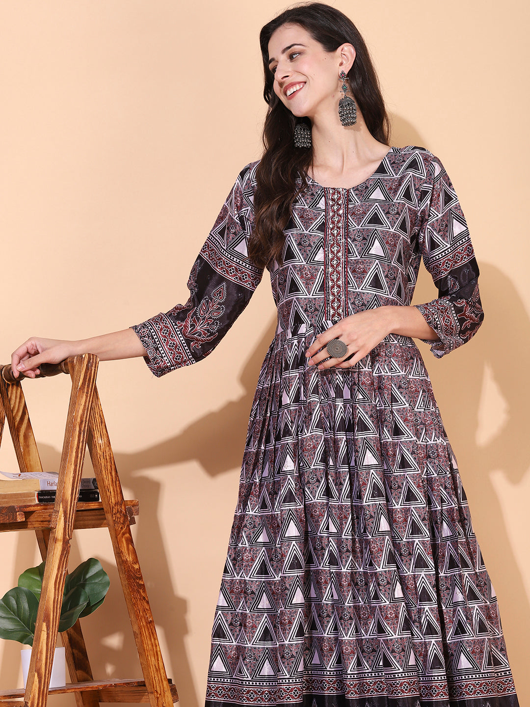 Ethnic Printed & Hand Embroidered Flared Maxi Dress - Multi