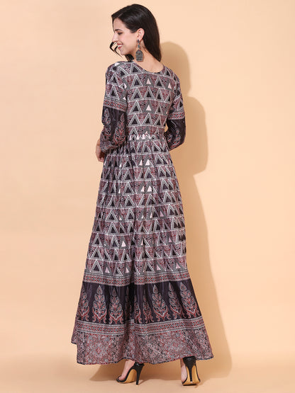 Ethnic Printed & Hand Embroidered Flared Maxi Dress - Multi