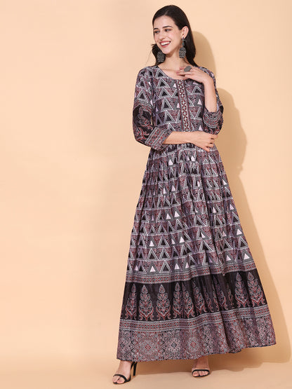 Ethnic Printed & Hand Embroidered Flared Maxi Dress - Multi