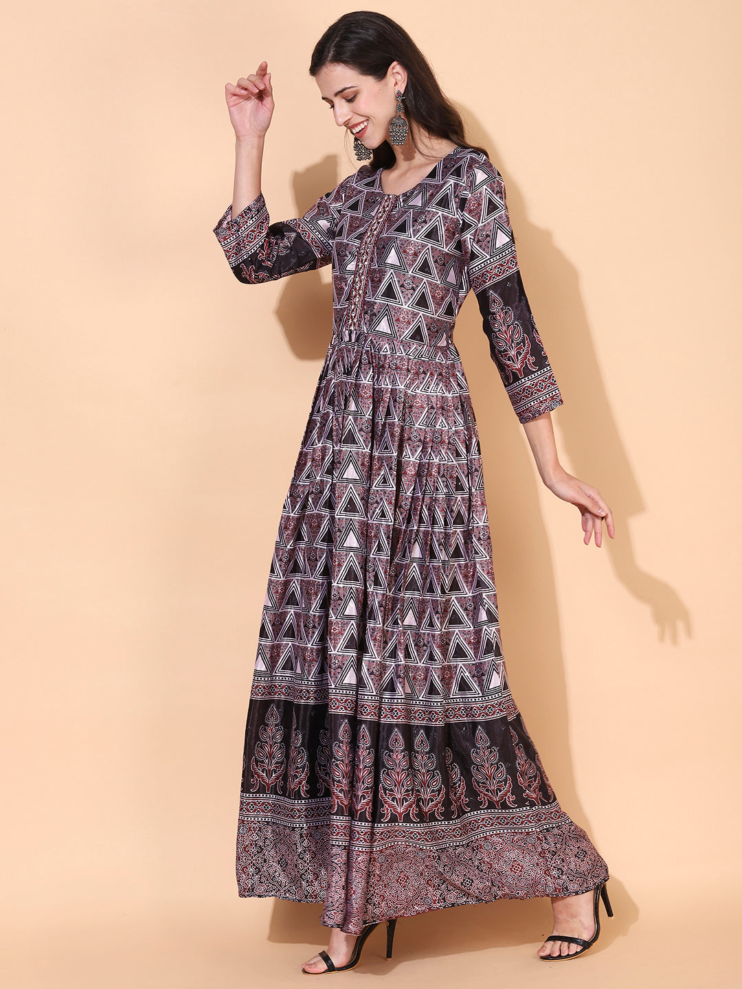 Ethnic Printed & Hand Embroidered Flared Maxi Dress - Multi