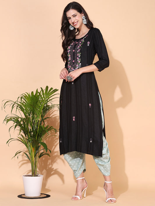 Ethnic Woven & Hand Embroidered Straight Fit Kurta – Black