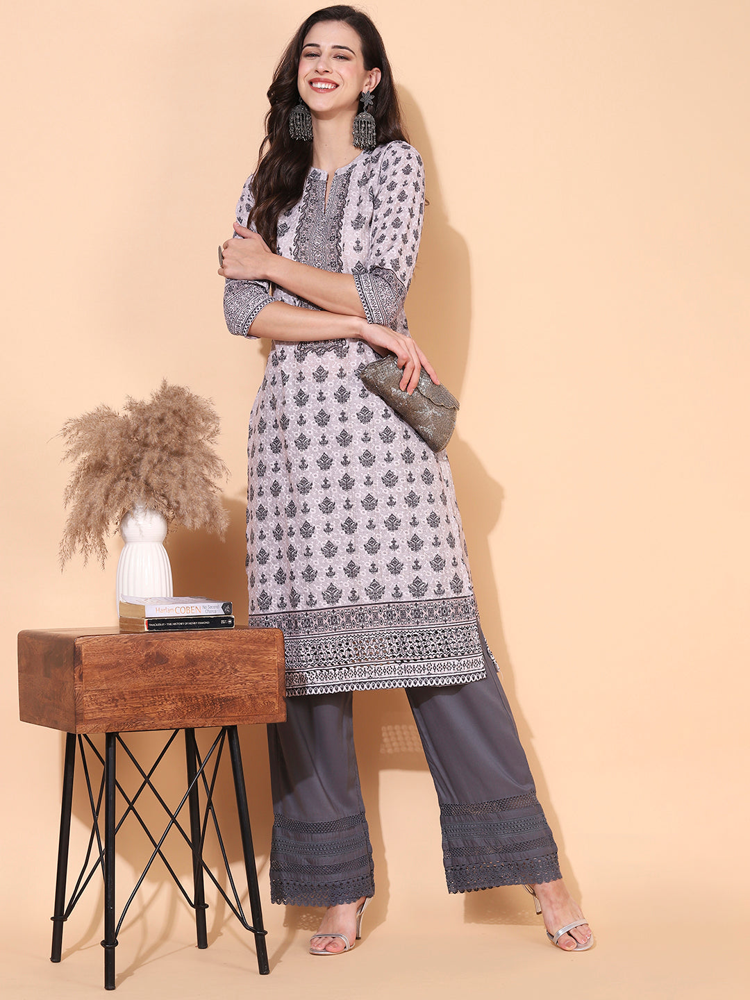 Ethnic Printed & Embroidered Straight Fit Kurta - Dusty Beige