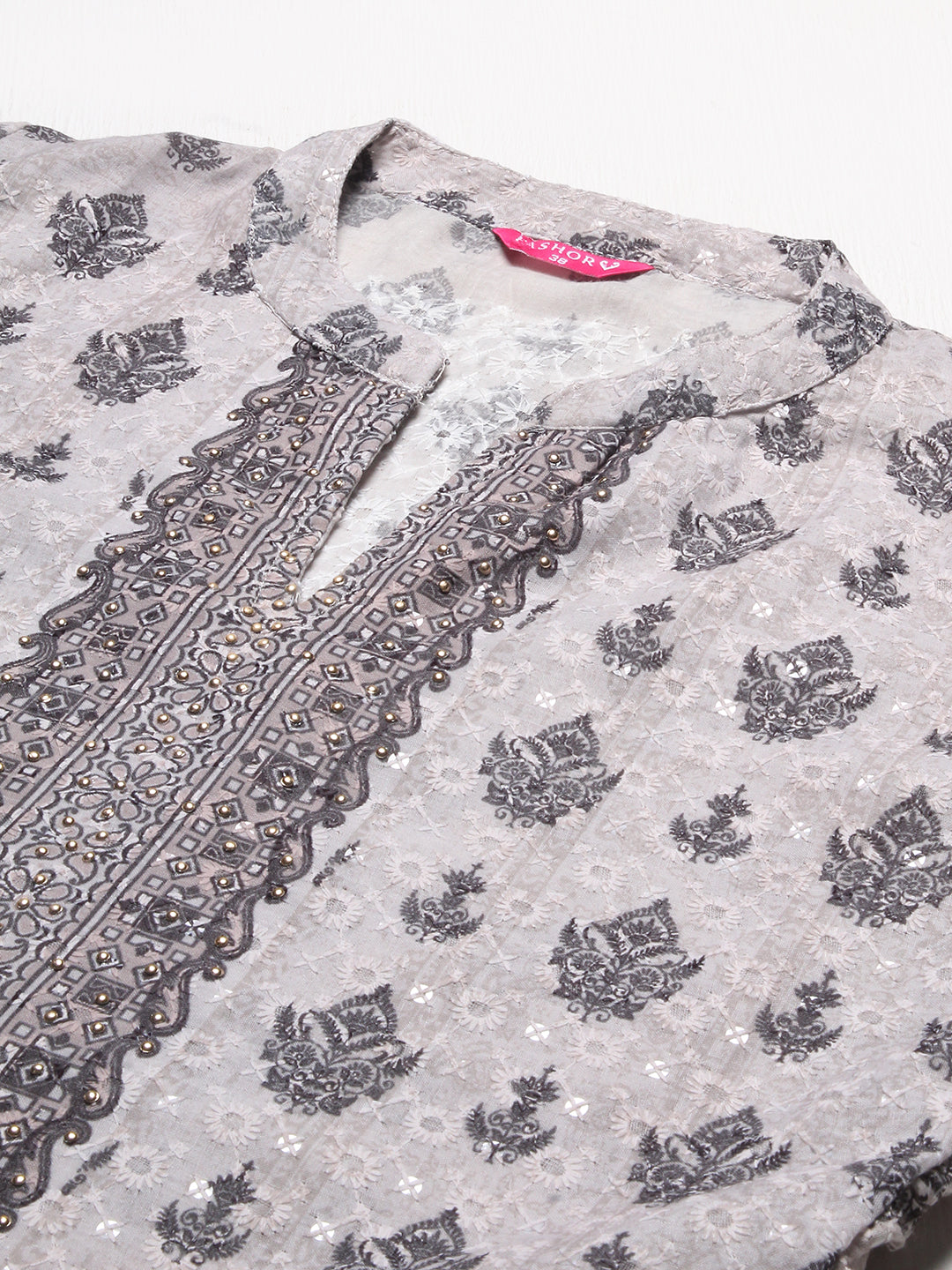 Ethnic Printed & Embroidered Straight Fit Kurta - Dusty Beige