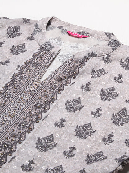 Ethnic Printed & Embroidered Straight Fit Kurta - Dusty Beige