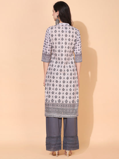 Ethnic Printed & Embroidered Straight Fit Kurta - Dusty Beige