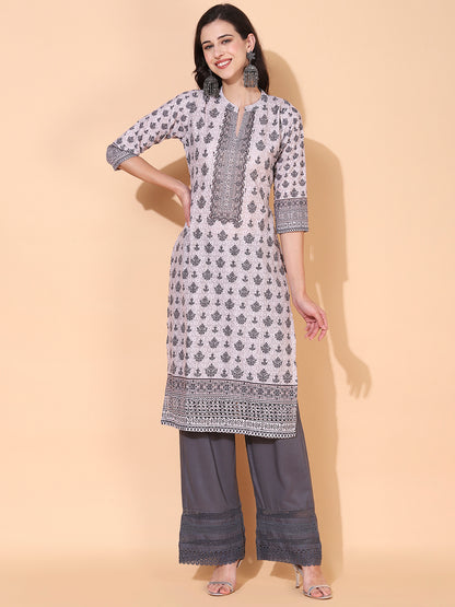 Ethnic Printed & Embroidered Straight Fit Kurta - Dusty Beige