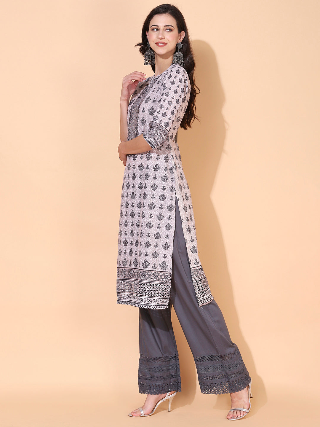 Ethnic Printed & Embroidered Straight Fit Kurta - Dusty Beige