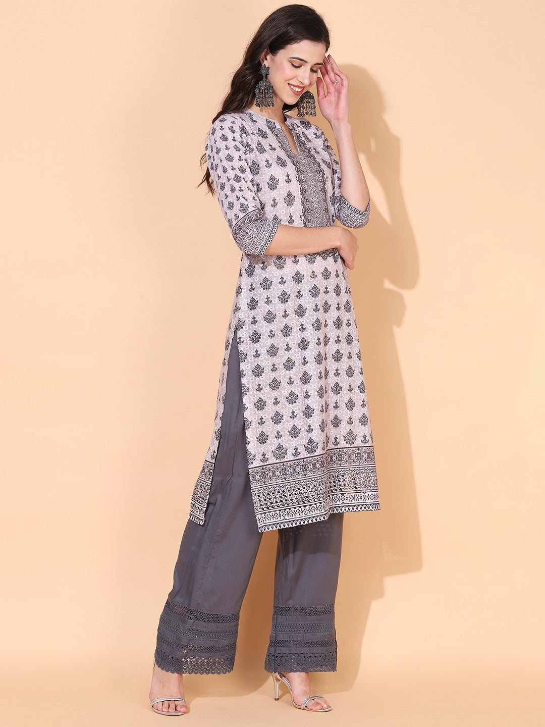Ethnic Printed & Embroidered Straight Fit Kurta - Dusty Beige