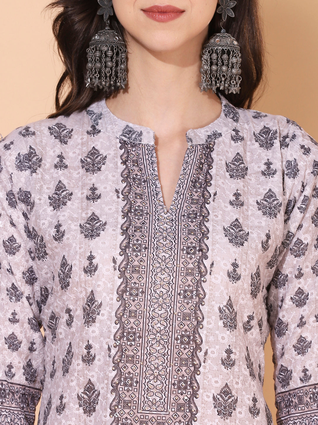 Ethnic Printed & Embroidered Straight Fit Kurta - Dusty Beige