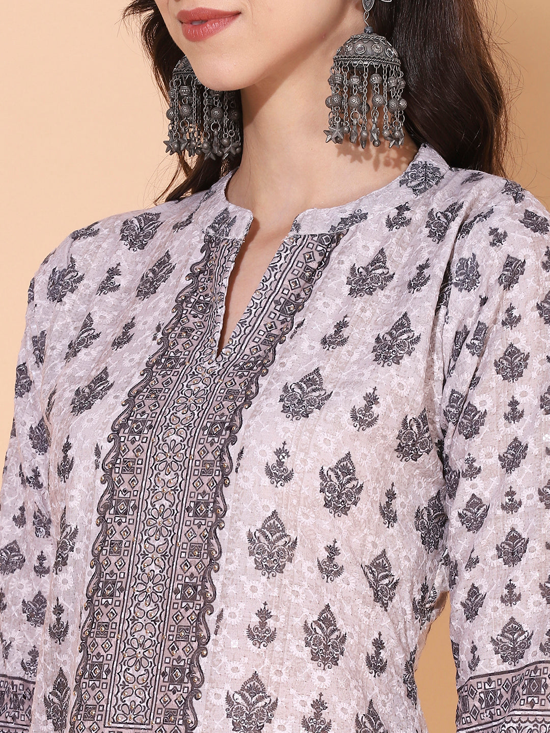 Ethnic Printed & Embroidered Straight Fit Kurta - Dusty Beige