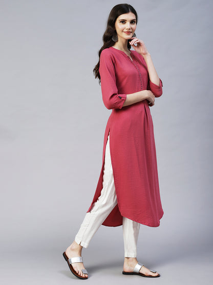 Ethnic Embroidered Straight Fit Kurta - Pink