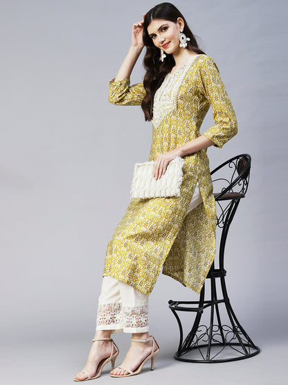 Ethnic Printed & Embroidered Straight Fit Kurta - Mustard Green