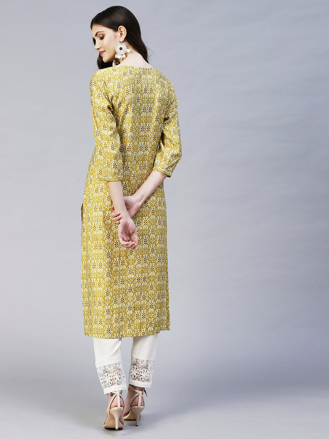 Ethnic Printed & Embroidered Straight Fit Kurta - Mustard Green