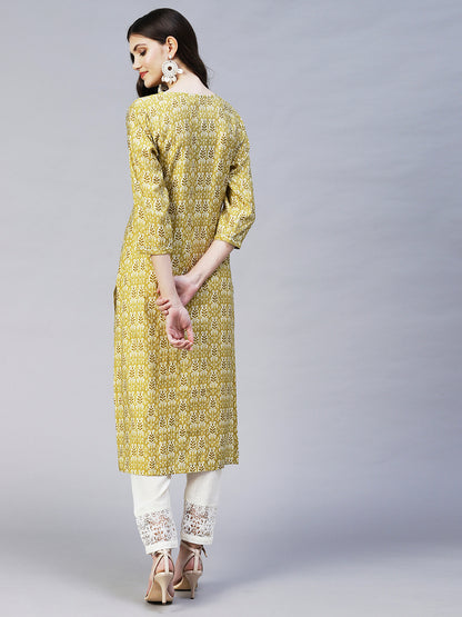 Ethnic Printed & Embroidered Straight Fit Kurta - Mustard Green