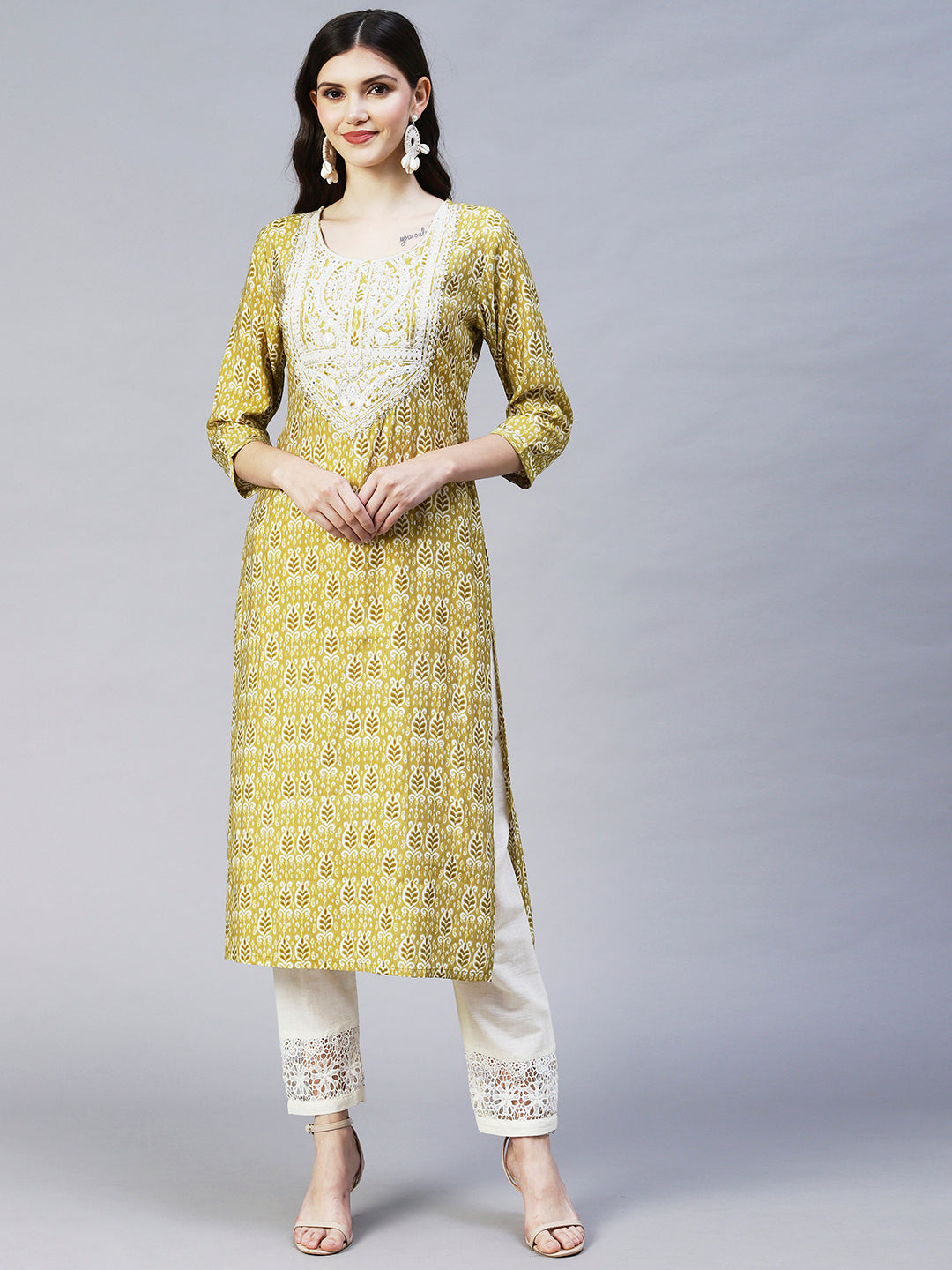 Ethnic Printed & Embroidered Straight Fit Kurta - Mustard Green