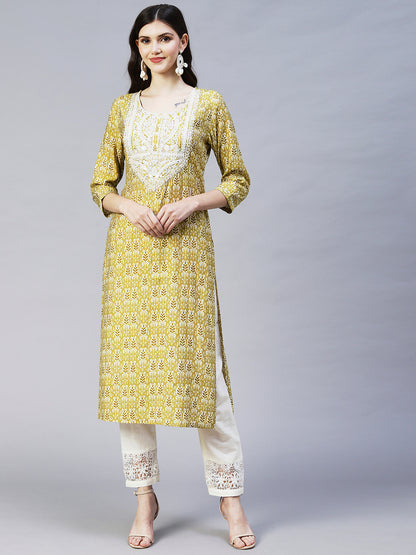 Ethnic Printed & Embroidered Straight Fit Kurta - Mustard Green