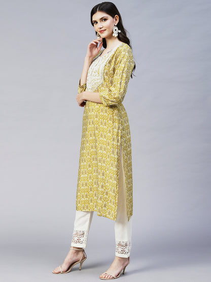 Ethnic Printed & Embroidered Straight Fit Kurta - Mustard Green