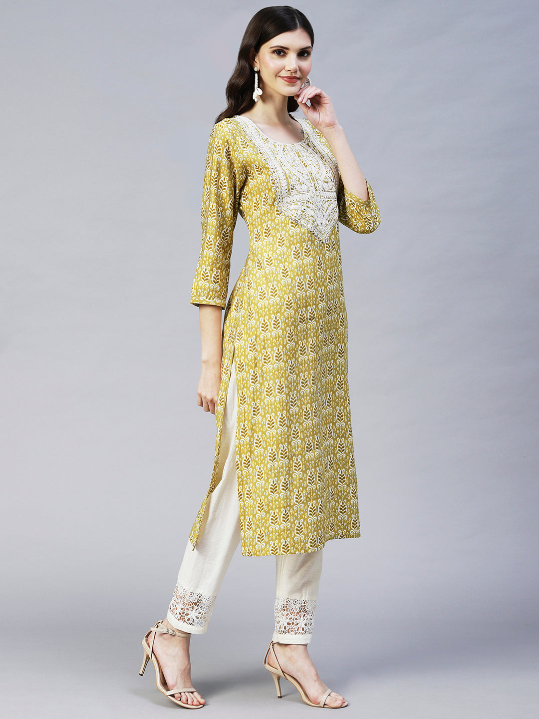 Ethnic Printed & Embroidered Straight Fit Kurta - Mustard Green