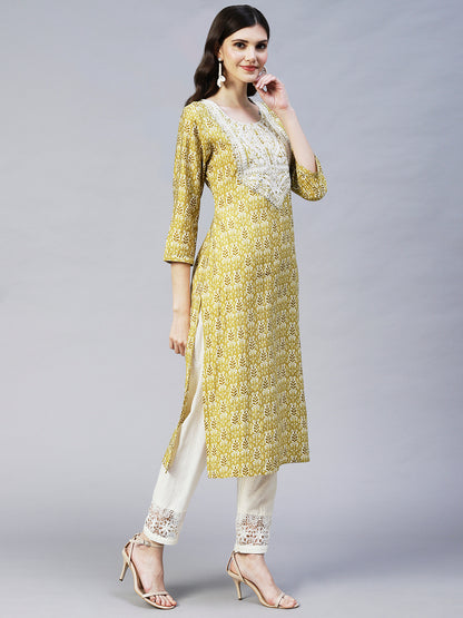 Ethnic Printed & Embroidered Straight Fit Kurta - Mustard Green