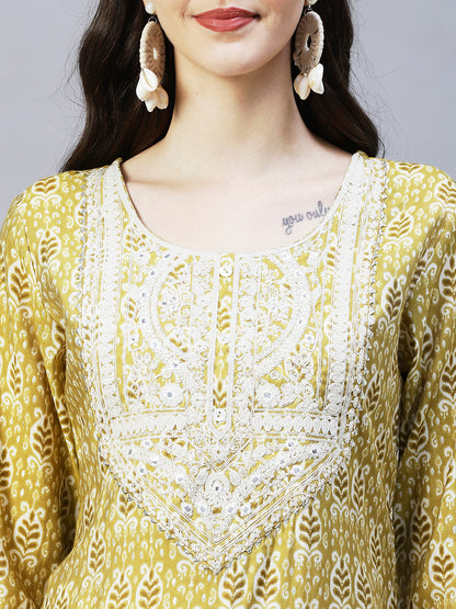 Ethnic Printed & Embroidered Straight Fit Kurta - Mustard Green