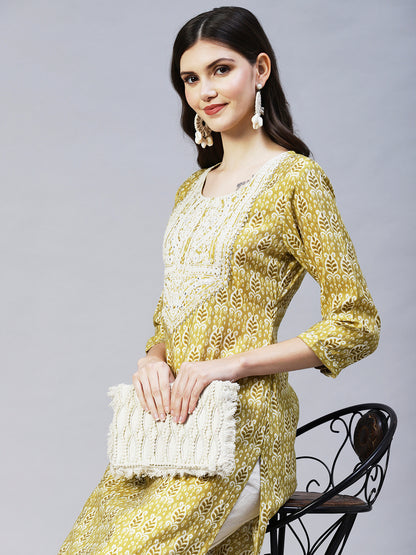 Ethnic Printed & Embroidered Straight Fit Kurta - Mustard Green