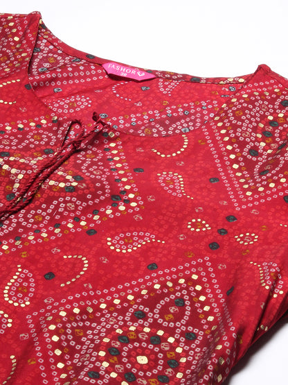 Bandhani Printed Straight Fit Kurta with Pant - Maroon