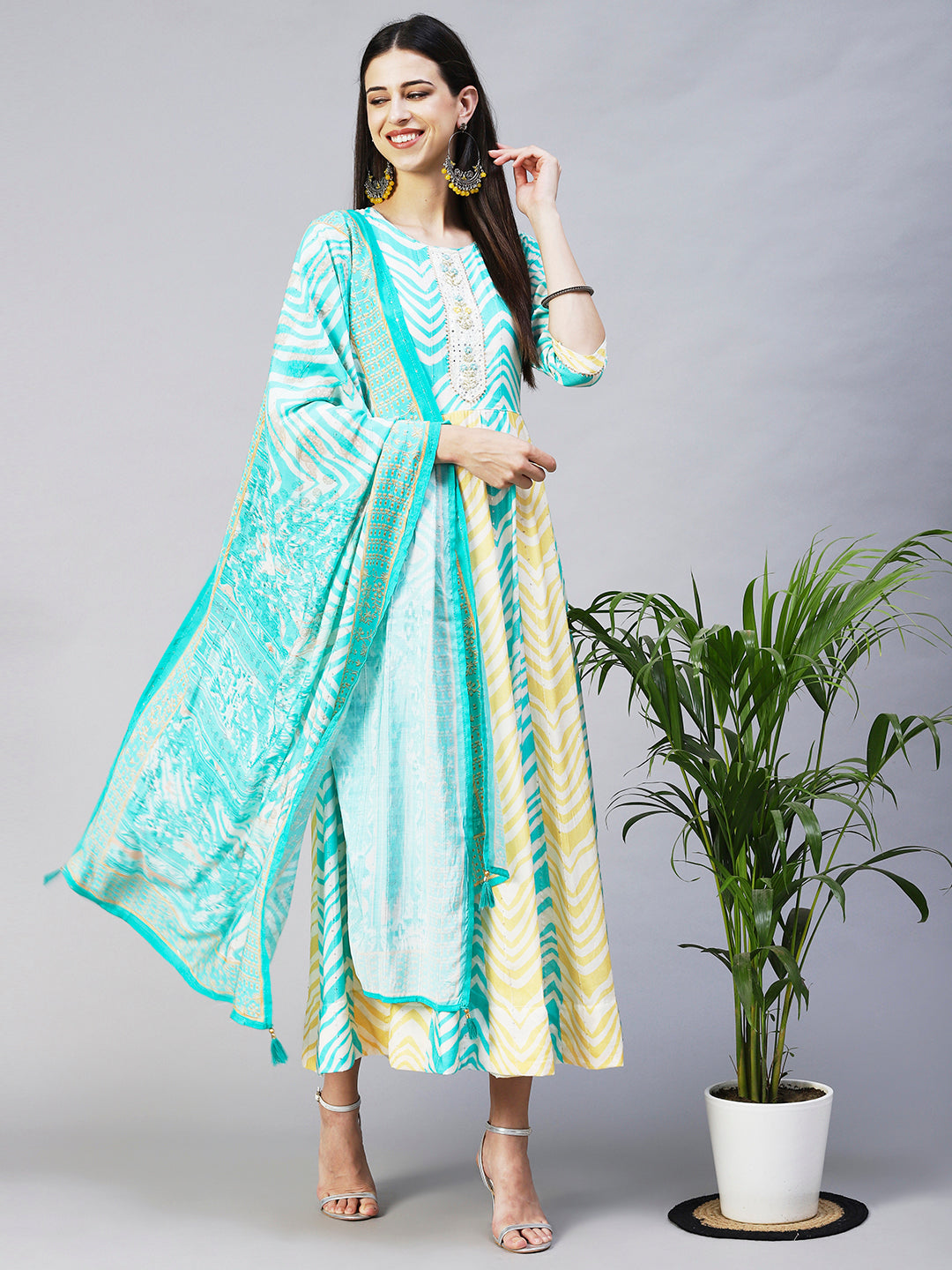 Chevron Printed & Hand Embroidered Anarkali Maxi Dress with Dupatta - Multi