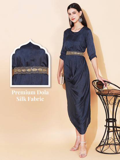 Solid Cowl Midi Dress with Hand Embroidered Belt - Navy Blue