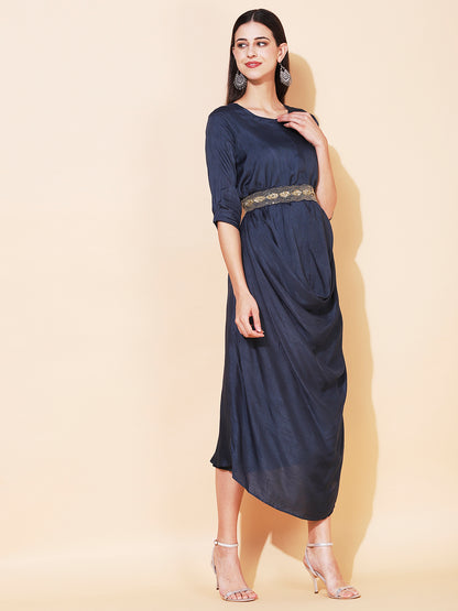 Solid Cowl Midi Dress with Hand Embroidered Belt - Navy Blue