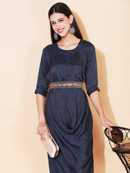 Solid Cowl Midi Dress with Hand Embroidered Belt - Navy Blue