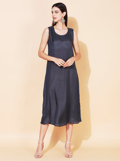 Solid Cowl Midi Dress with Hand Embroidered Belt - Navy Blue