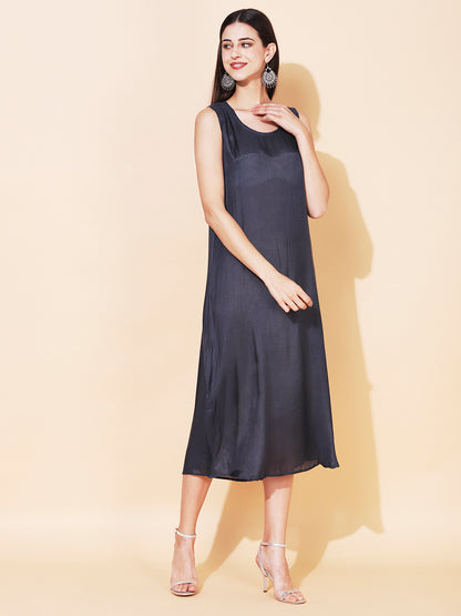 Solid Cowl Midi Dress with Hand Embroidered Belt - Navy Blue